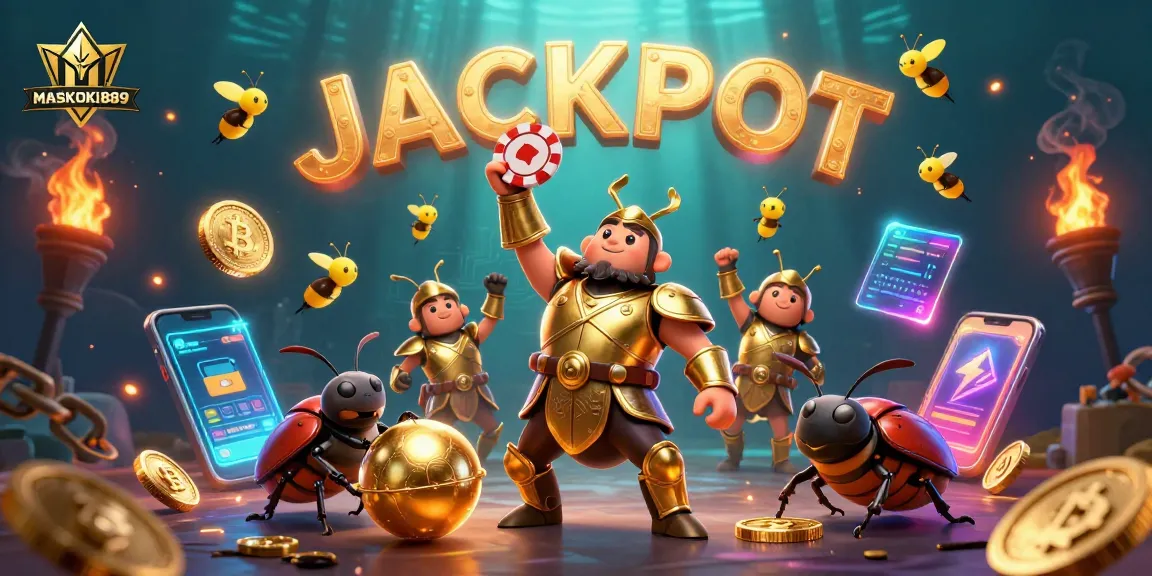 Capture winning moments at MASKOKI889 with vibrant 3D beetle characters and casino elements.