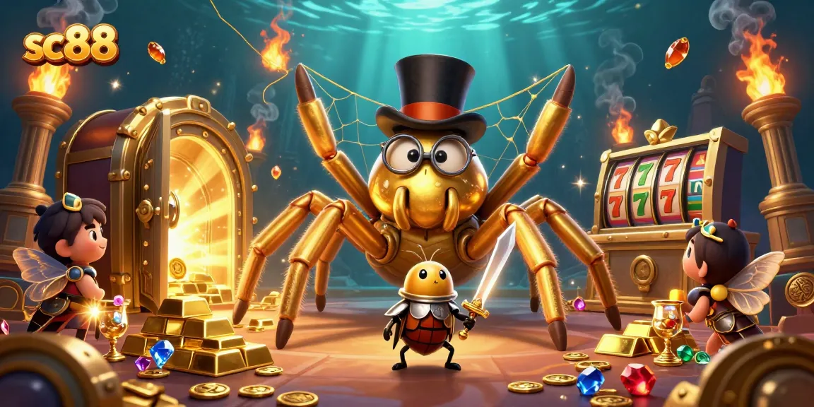 Experience sc88 thrills with vibrant 3D gambling illustration featuring a golden tarantula and beetle knight.