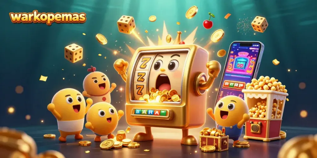 Mesin slot warkopemas mencetak jackpot dengan koin berhamburan di sekitarnya, menggambarkan keseruan dunia kasino.