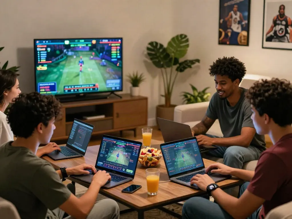 Group of friends enjoying unsurtoto gaming experience in a cozy living room.