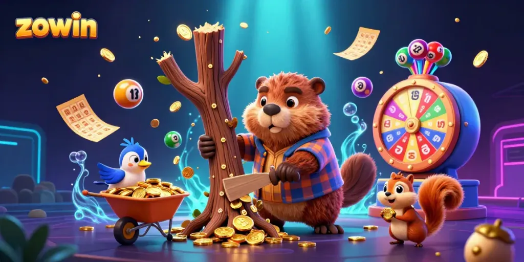 Zowin promotes thrilling gaming moments with a beaver character celebrating coin wins and lottery excitement.