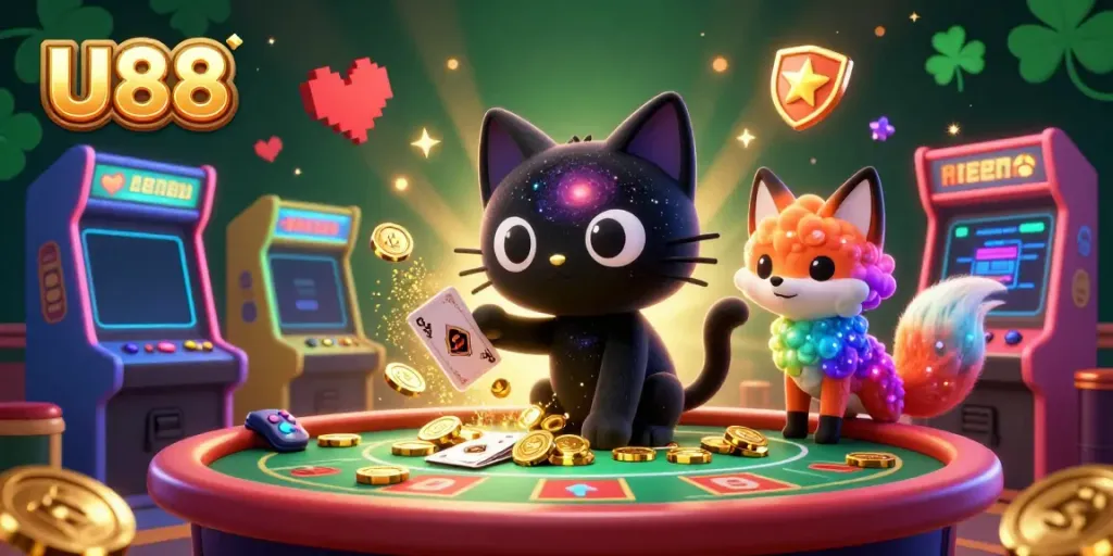Experience the cosmic casino magic of U88 with a black hole cat and nebula fox charming golden chips in a lively gambling scene.