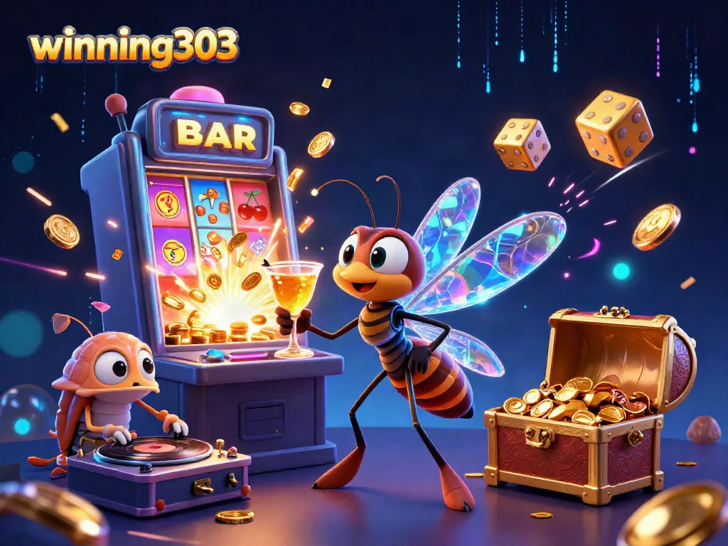 Experience winning303 with a vibrant 3D illustration of a casino mascot and dynamic gaming elements.