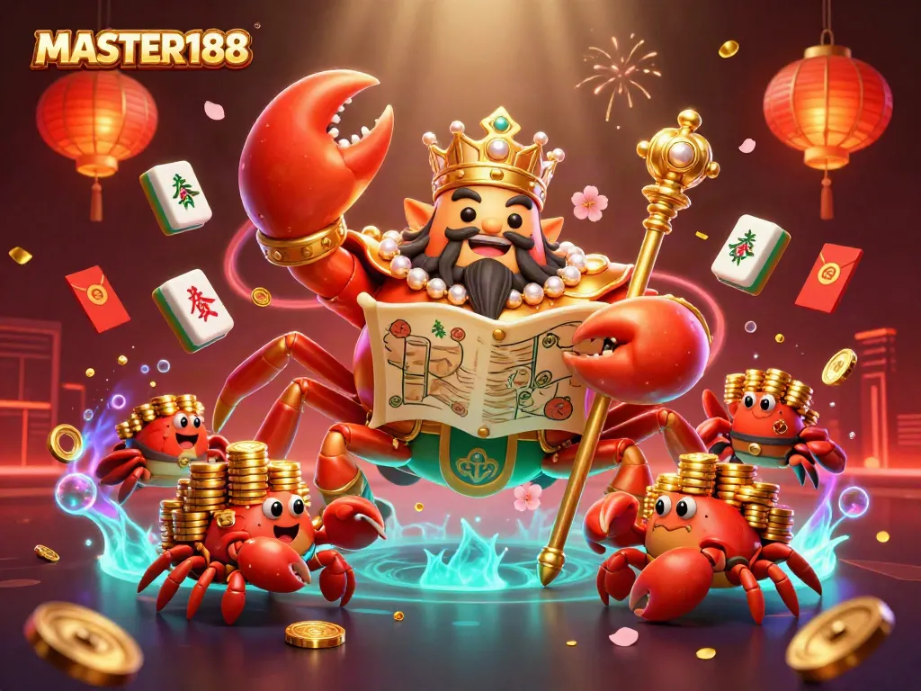 Experience the thrill of MASTER188 with a vibrant gaming scene featuring a golden crab emperor.