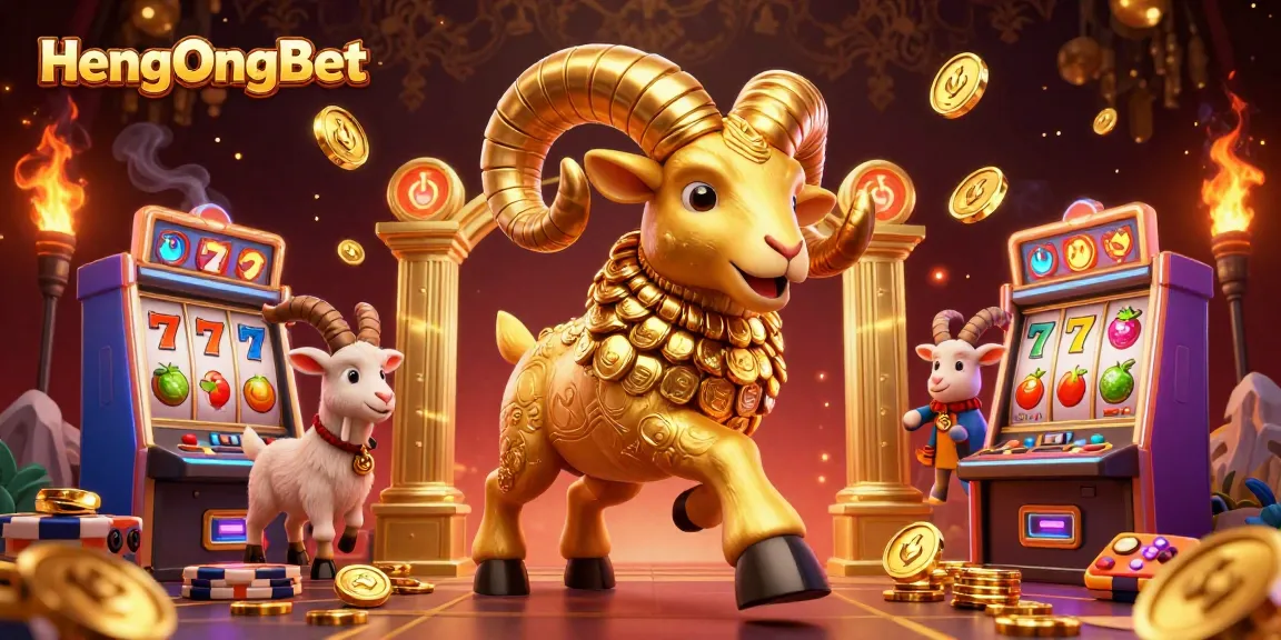 Experience HengOngBet's lively rush with a golden ram charging through a casino scene filled with vibrant slot machines.