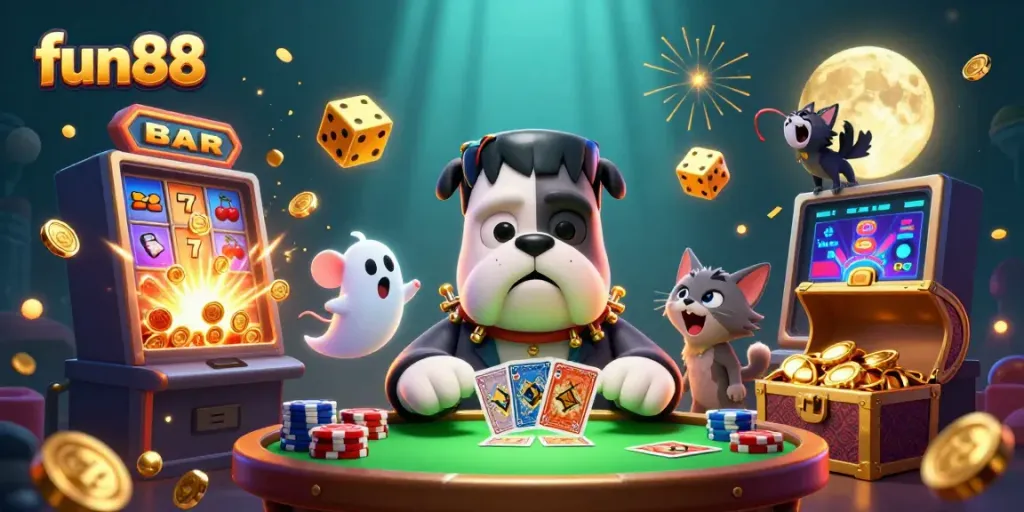 Experience thrilling fun88 moments as a cartoon bulldog monster deals cards amidst a dynamic casino world.
