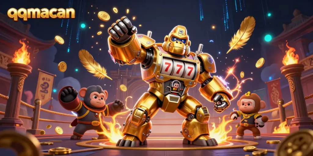 Experience thrilling gameplay with qqmacan's unique transformer-style mech amidst dazzling casino elements.