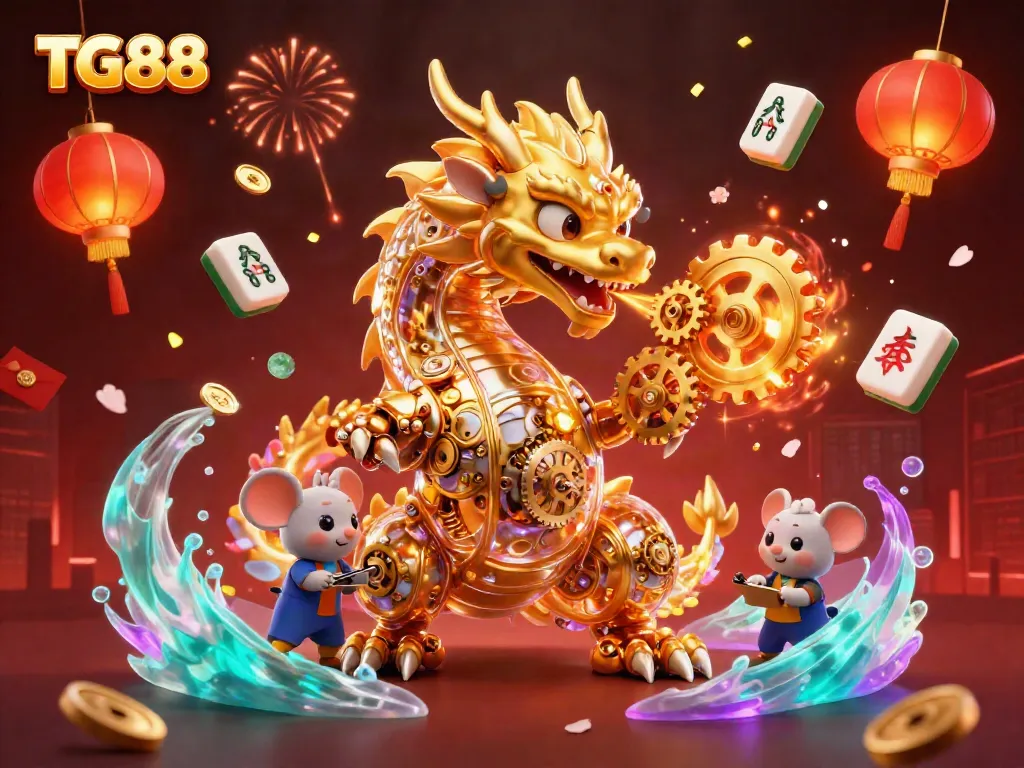 Experience the vibrant world of TG88 with a stunning 3D illustration of a golden dragon amidst vibrant gaming symbols and elements.