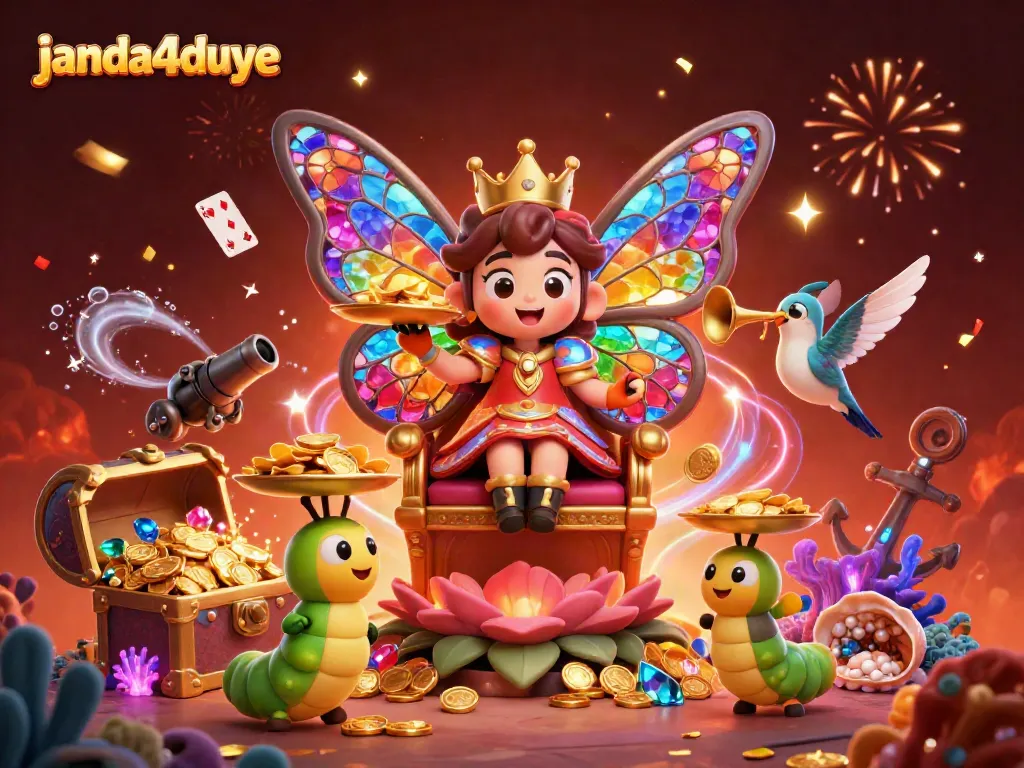 janda4duye merayakan kemenangannya dengan ilustrasi raja kupu-kupu di kasino digital yang meriah