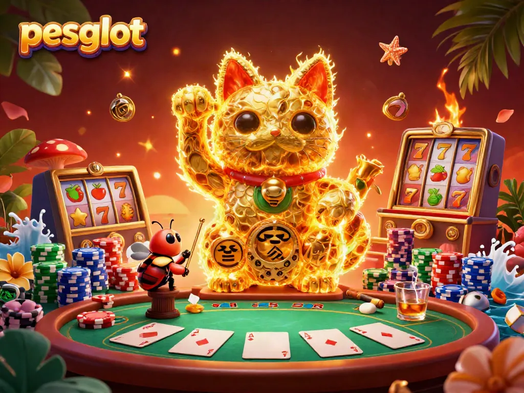 Engage with pesgslot's vibrant casino scene showcasing a giant lucky cat and dynamic game elements.