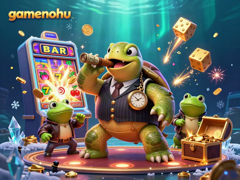Experience winning on gamenohu with a cartoon turtle mobster and vibrant casino elements.