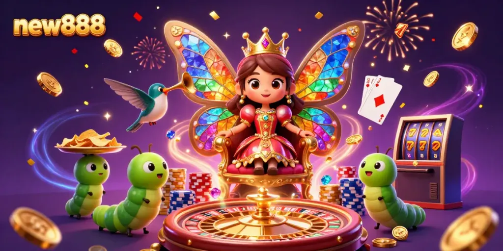 Experience the excitement of gambling with new888, featuring a vibrant 3D illustration of a whimsical butterfly queen amidst cascading chips and a roulette wheel.
