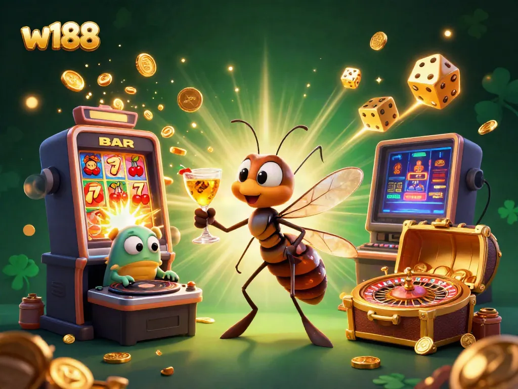 Experience the excitement of w188 casino with a vibrant 3D illustration featuring unique characters and gaming elements.