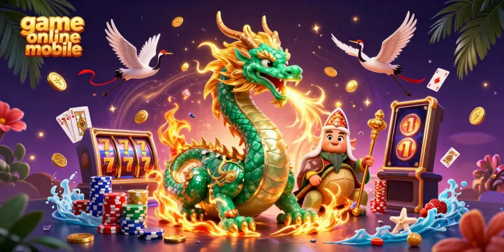 Permainan online mobile: naga giok bernapas api emas dengan elemen kasino di sekitarnya.