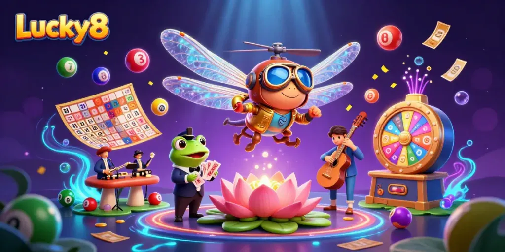 Engage in the Lucky8 gaming experience with vibrant characters in a lively casino scene.