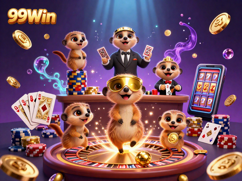 Experience excitement at 99Win with a lively meerkat casino scene filled with games and treasures.