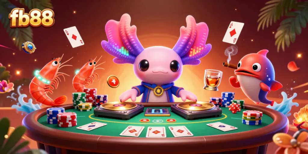 Experience vibrant gaming action with fb88's 3D casino scene featuring an axolotl DJ and lively underwater characters.