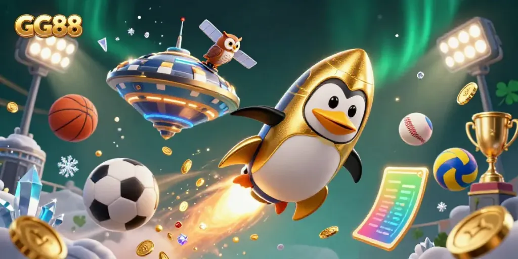 Experience the thrill of GG88 with a dynamic scene of a golden penguin and casino elements.