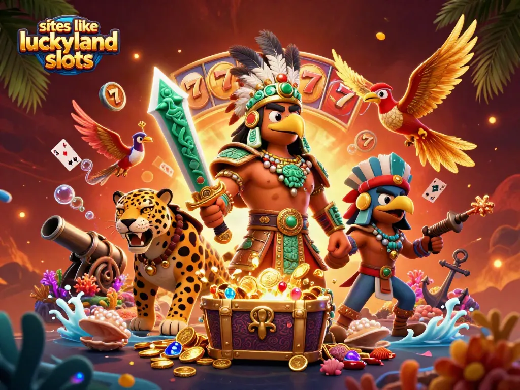Engage with sites like luckyland slots through a dynamic 3D illustration featuring vibrant casino elements.