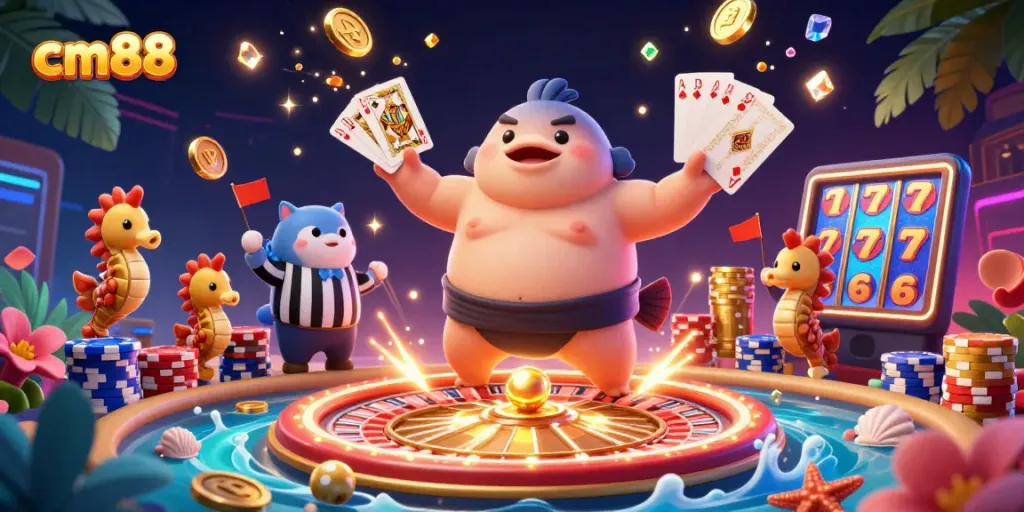 Experience the thrill of cm88 with an underwater casino scene featuring dynamic characters and vibrant gaming elements.