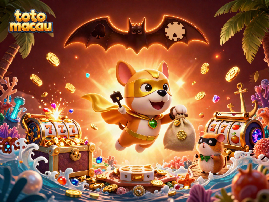 Engage with toto macau in a dynamic 3D illustration featuring a superhero dog and rich gaming elements.