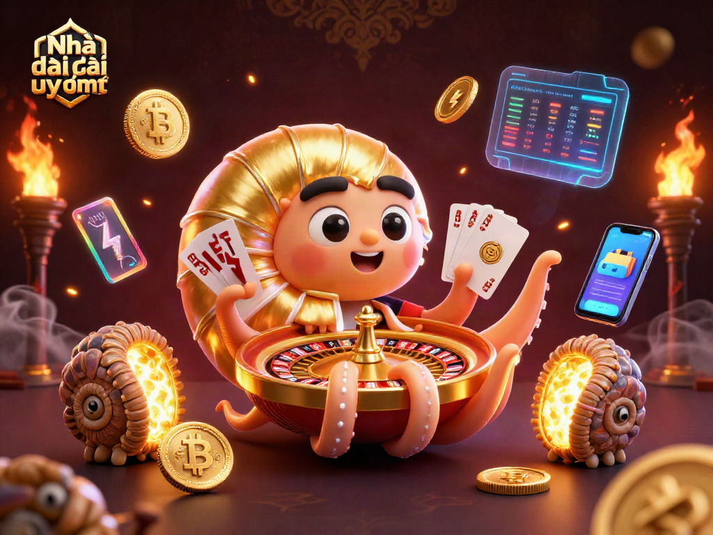 Engage with Nhà cái uy tín, showcasing a vibrant 3D casino scene featuring a nautilus roulette wheel and glowing crypto elements.