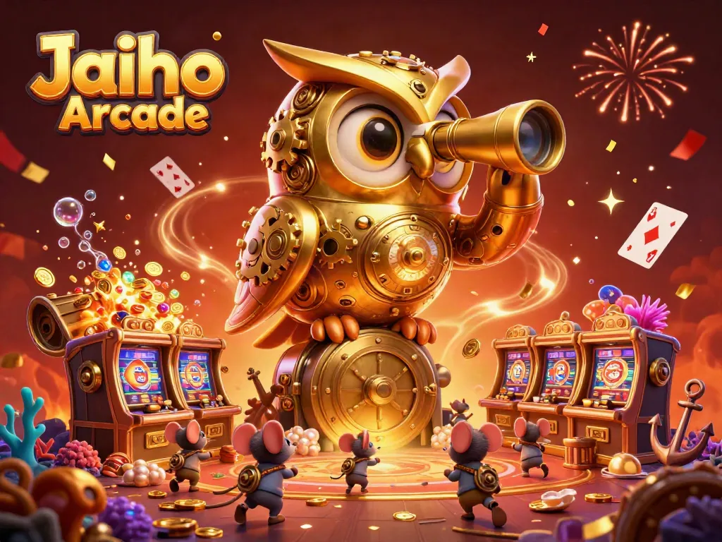 Experience thrilling gameplay at Jaiho Arcade with exciting gold and gem treasures scattered in a vibrant casino landscape.