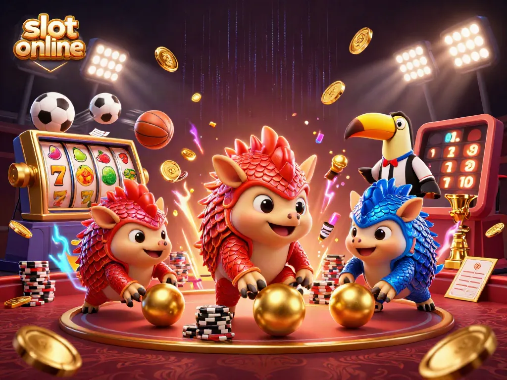 Watch slot online action with rival pangolins bowling through poker chips in a vibrant casino scene.
