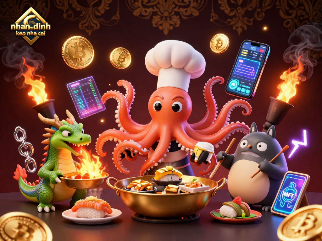 Engage with nhan dinh keo nha cai through vibrant characters and crypto elements in an exciting casino illustration.