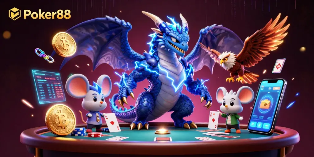 Experience the excitement of Poker88 with vibrant gameplay elements like poker chips and cards in a dynamic scene.