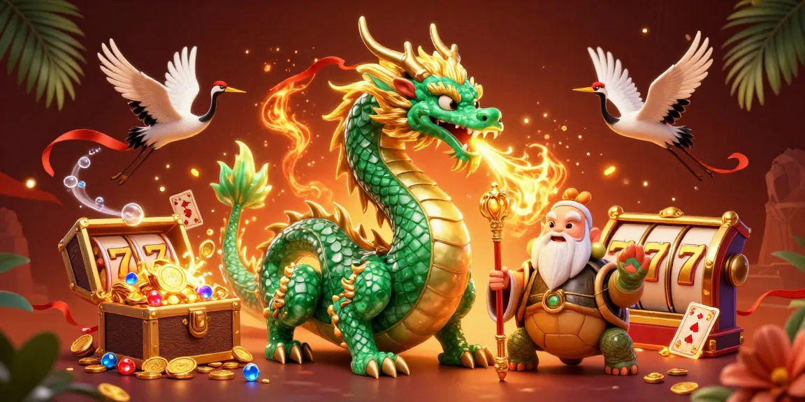 Experience dynamic gameplay with kp88’s energetic slot scene featuring a jade dragon and lucky elements.