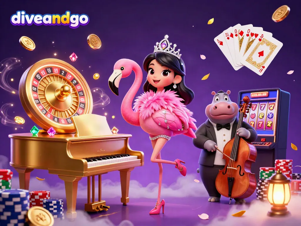 Diveandgo shows thrilling casino vibes with a flamingo singer and hippo bassist amidst coins and cards.