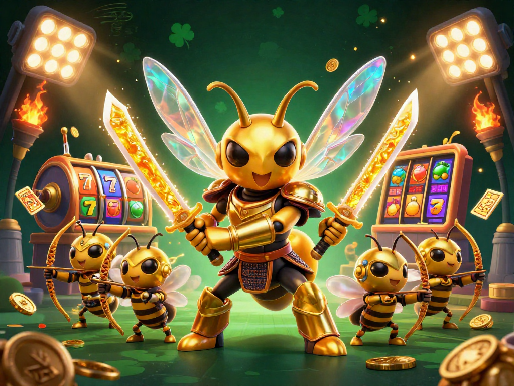 Engage in thrilling casino excitement with a vibrant scene featuring a giant hornet samurai and dynamic slot elements.