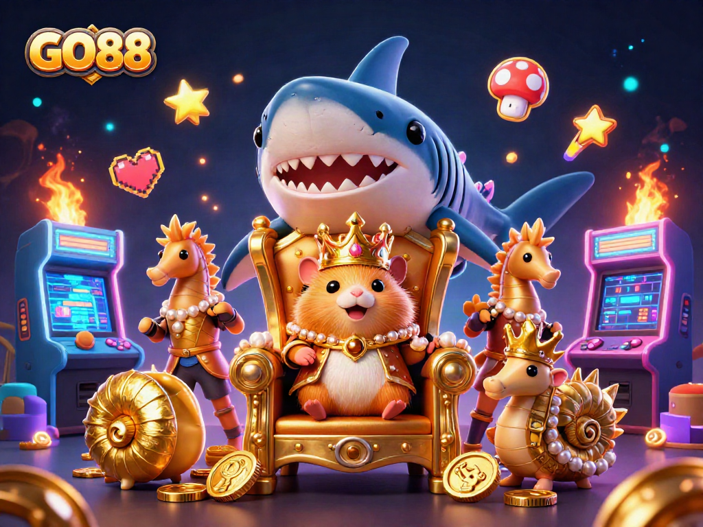 Engage in vibrant GO88 casino adventures with the golden hamster king among dynamic gaming elements.