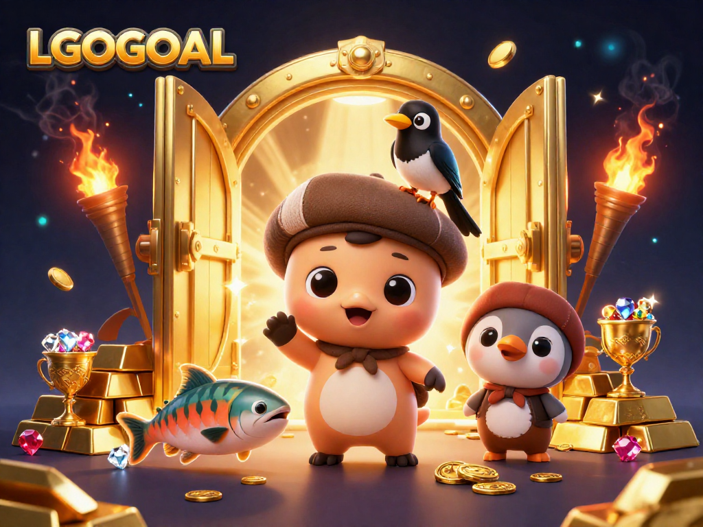 Engage with the golden treasures of LGOGOAL in this vibrant 3D casino-themed scene filled with playful characters.