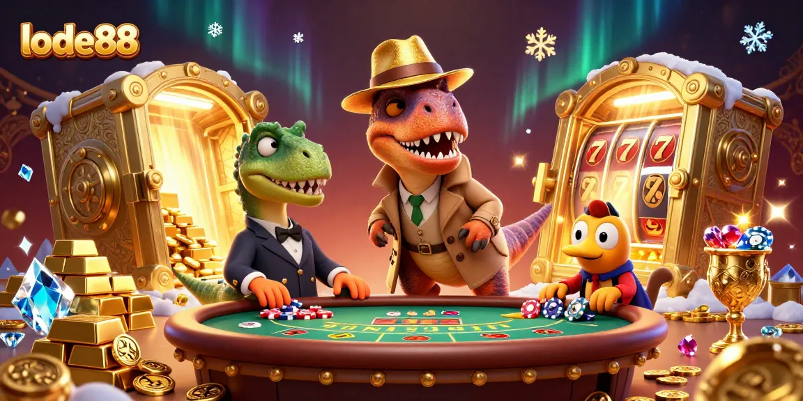 lode88 casino scene with a velociraptor card counter, stegosaurus pit boss, and compy pickpocket amidst gold.