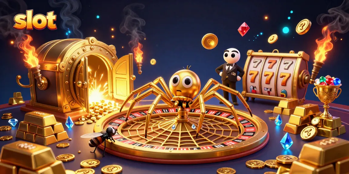 Experience excitement at the slot with a golden spider and croupier in a lively casino scene.