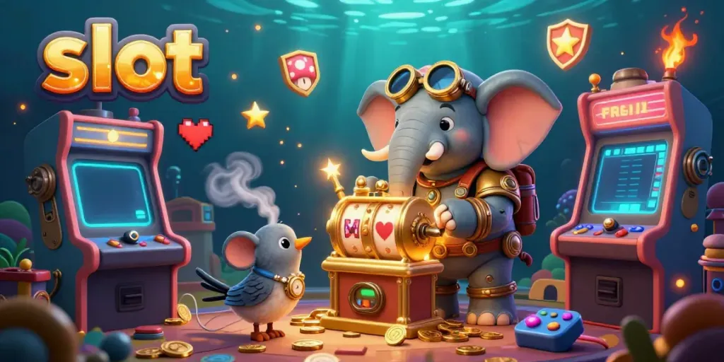 Spin the golden slot machine with a steampunk elephant engineer in this vibrant gaming scene.