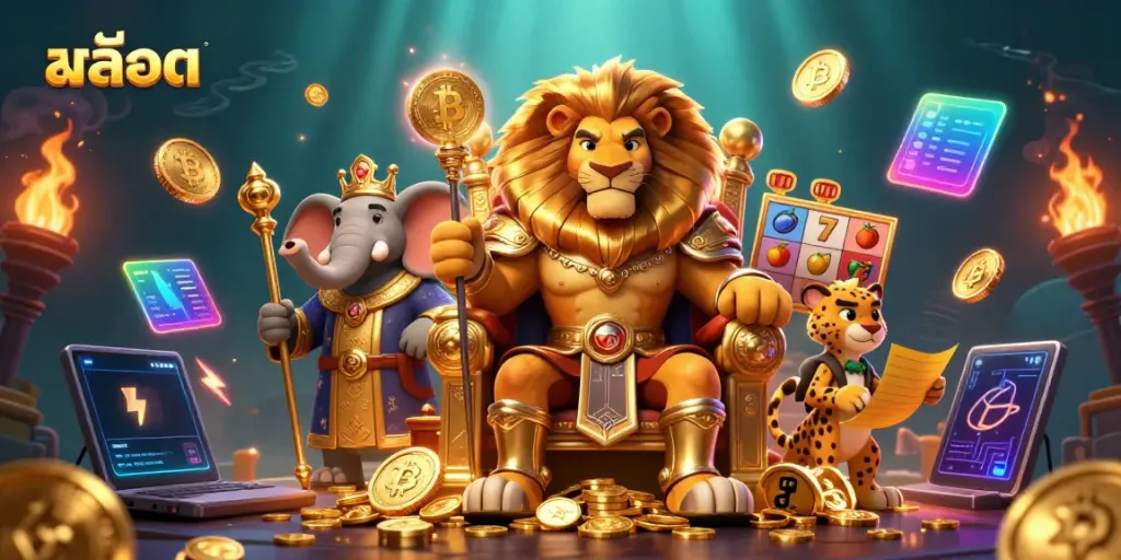 Experience the excitement of สล็อต with a 3D lion king, elephant advisor, and cheetah messenger amidst vibrant gaming elements.