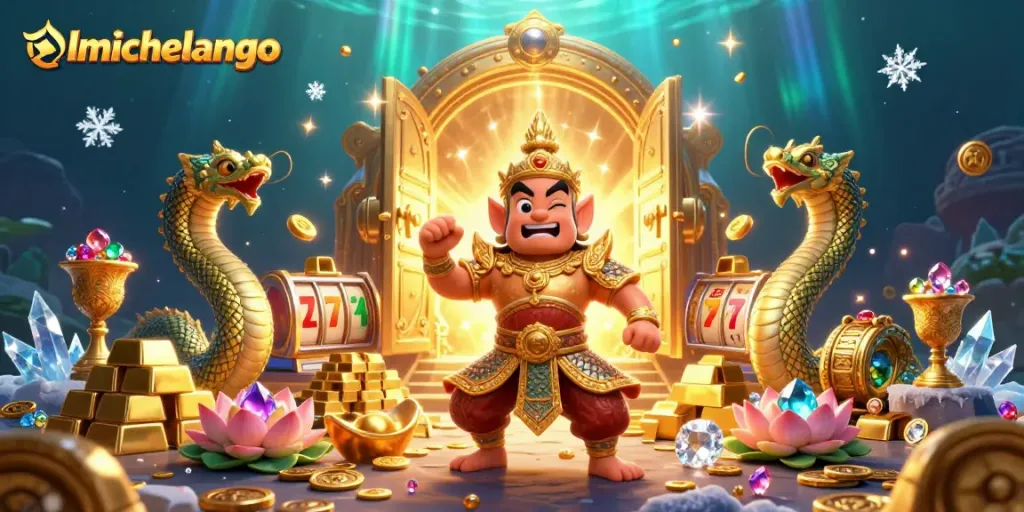 Engage with ilmichelangelo's vibrant gambling scene featuring golden treasures and animated slot reels.