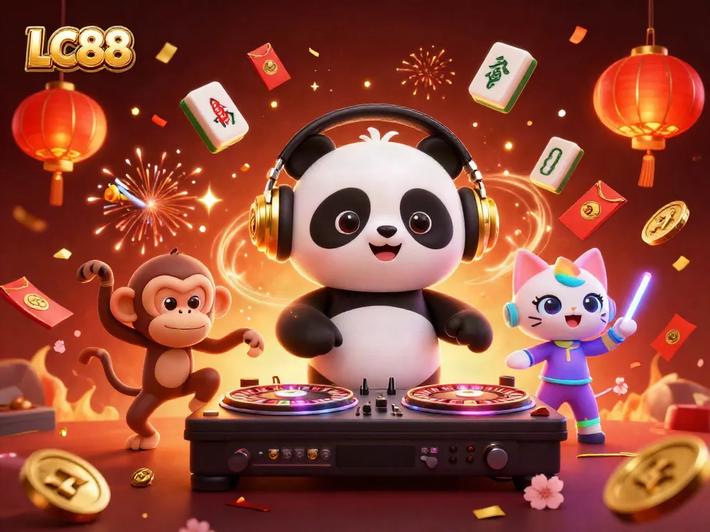 LC88 showcases a vibrant casino scene with a DJ panda, breakdancing monkey, and glow-stick kitten spinning slots.