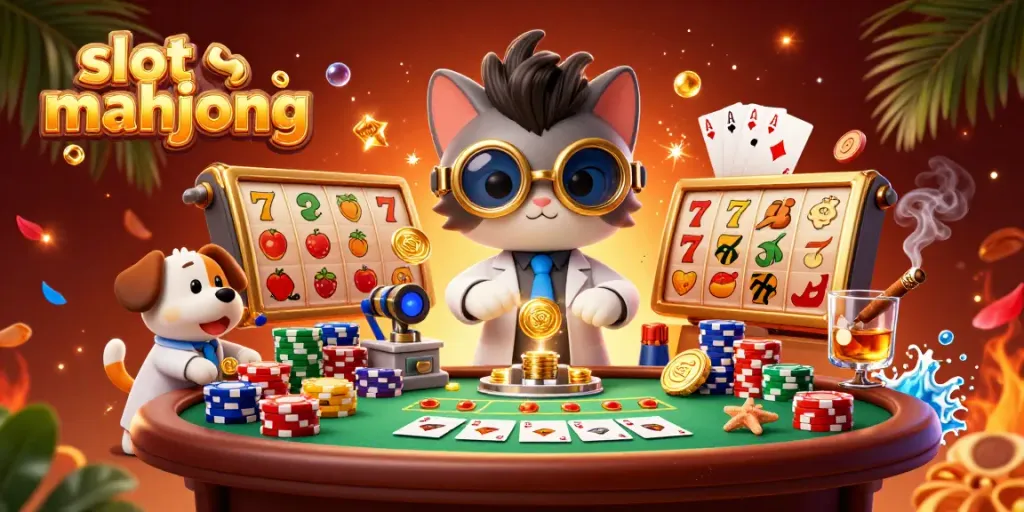Experience thrilling gameplay with slot mahjong featuring a mad scientist cat and dog in a vibrant casino scene.