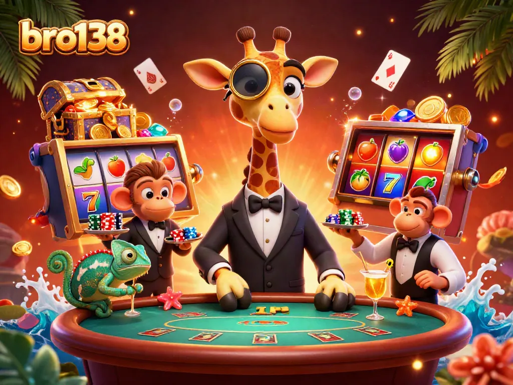 Experience thrilling gameplay at bro138 with a high-roller giraffe at a vibrant poker table.