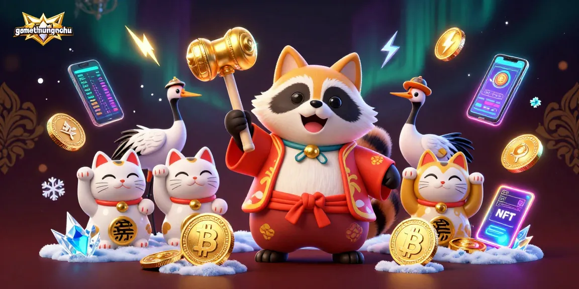 Engage with gamethuongnohu as a cheerful tanuki holds a lucky mallet amidst vibrant casino elements and crypto symbols.