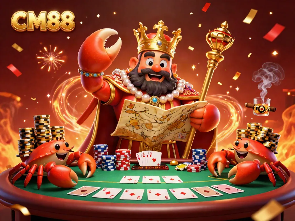 Win with CM88 at the poker table featuring a crab emperor surrounded by vibrant casino elements.