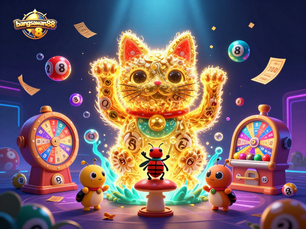 Experience bangsawan88 thrilling gameplay with golden fireflies and vibrant lottery balls in an engaging casino scene.