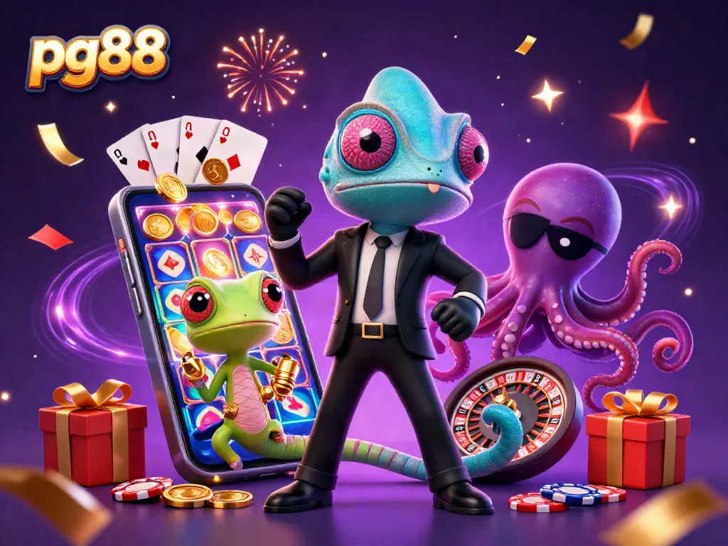 Experience thrilling gameplay with pg88 featuring a secret agent chameleon amidst vibrant casino elements and golden excitement.