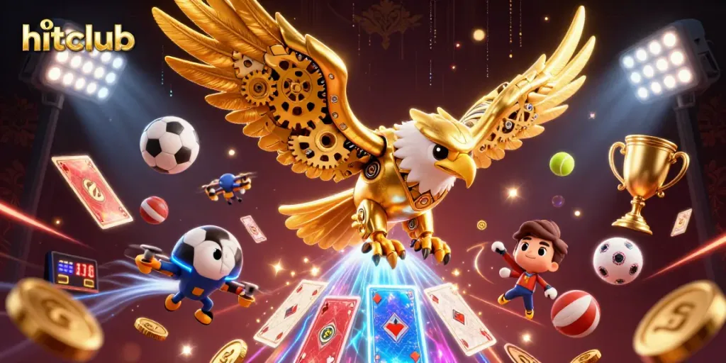 Experience hitclub excitement with a dynamic 3D illustration of a cybernetic eagle and sports elements.