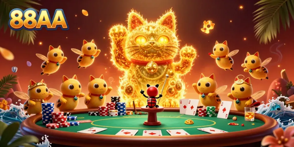 Play and win with the vibrant 88AA lucky cat illustration surrounded by casino elements.