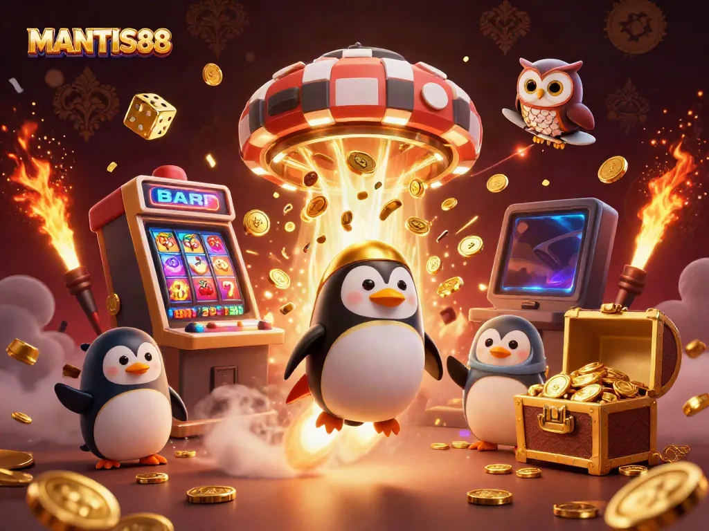 MANTIS88 brings an exhilarating gaming experience featuring a golden penguin, jackpot machines, and vibrant casino elements, thrilling players.